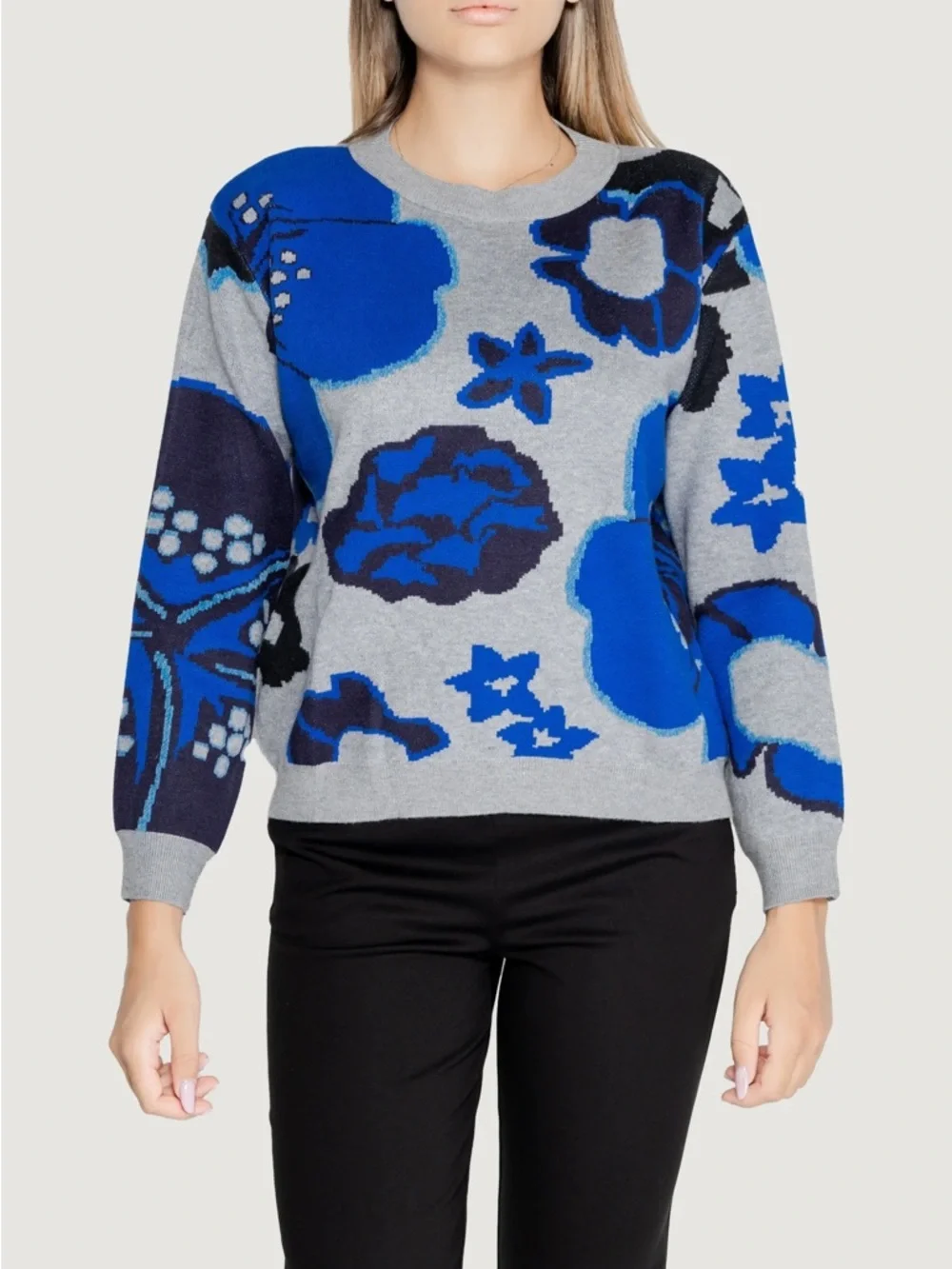 Desigual Gray Crewneck Sweater with Bold Blue Floral Motif - Picture 1 of 9